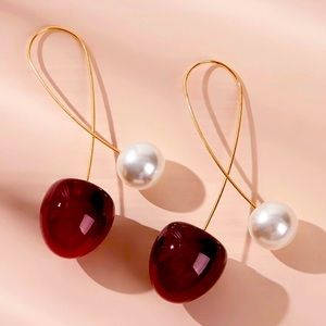 Cherry & Faux Pearl Design Earrings 1pair